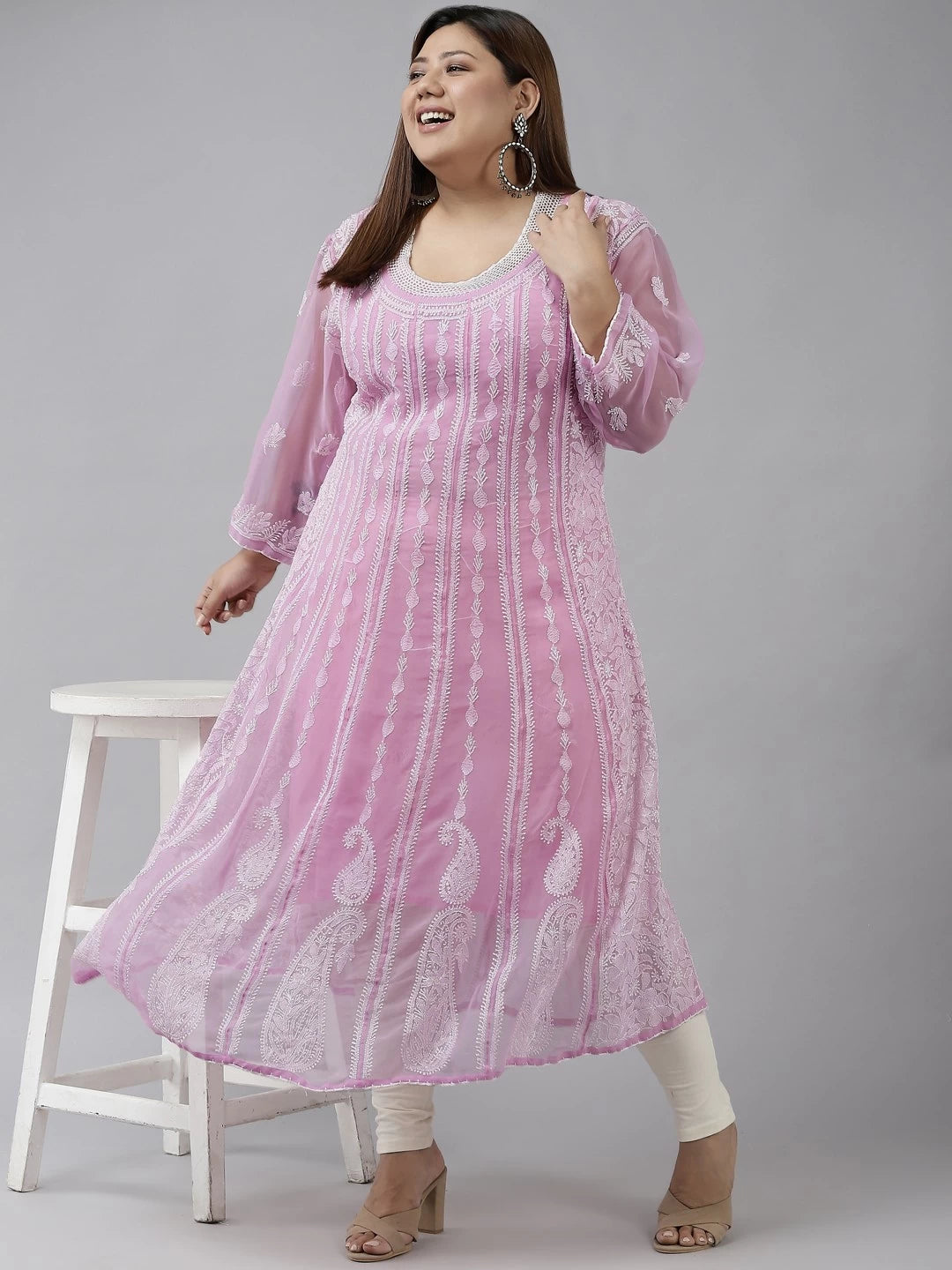 Ada Hand Embroidered Pink Georgette Lucknowi Chikankari Anarkali A-line Kurta A411206