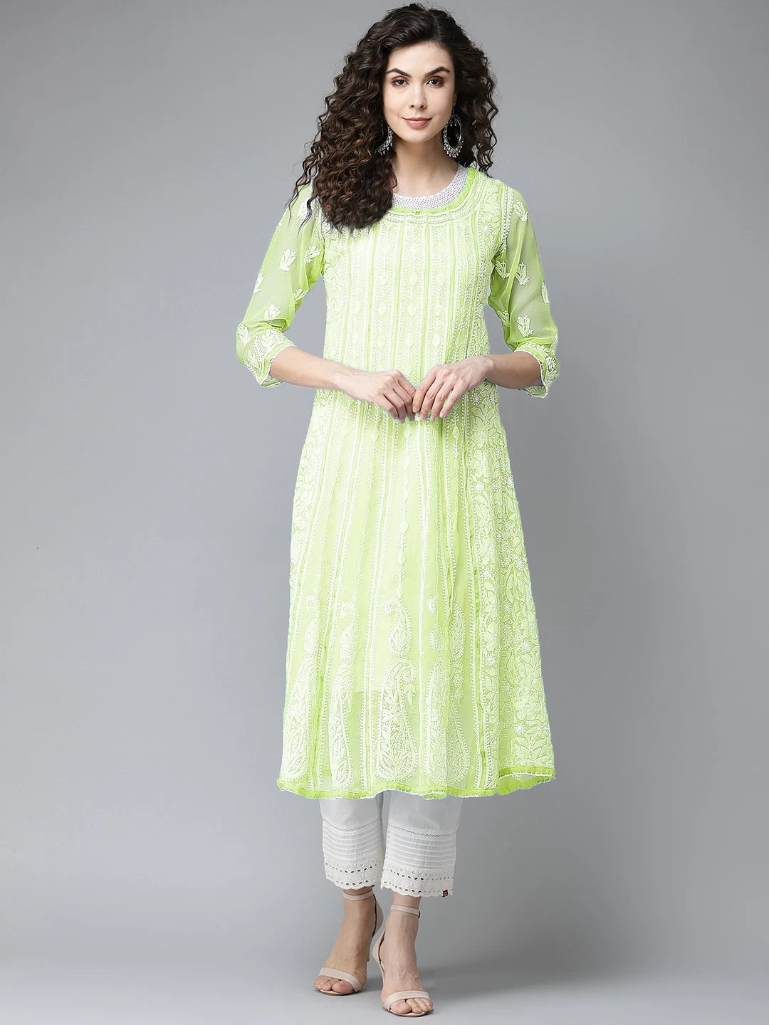 Ada Hand Embroidered Lime Green Georgette Lucknowi Chikankari Anarkali A-Line Kurta A411142