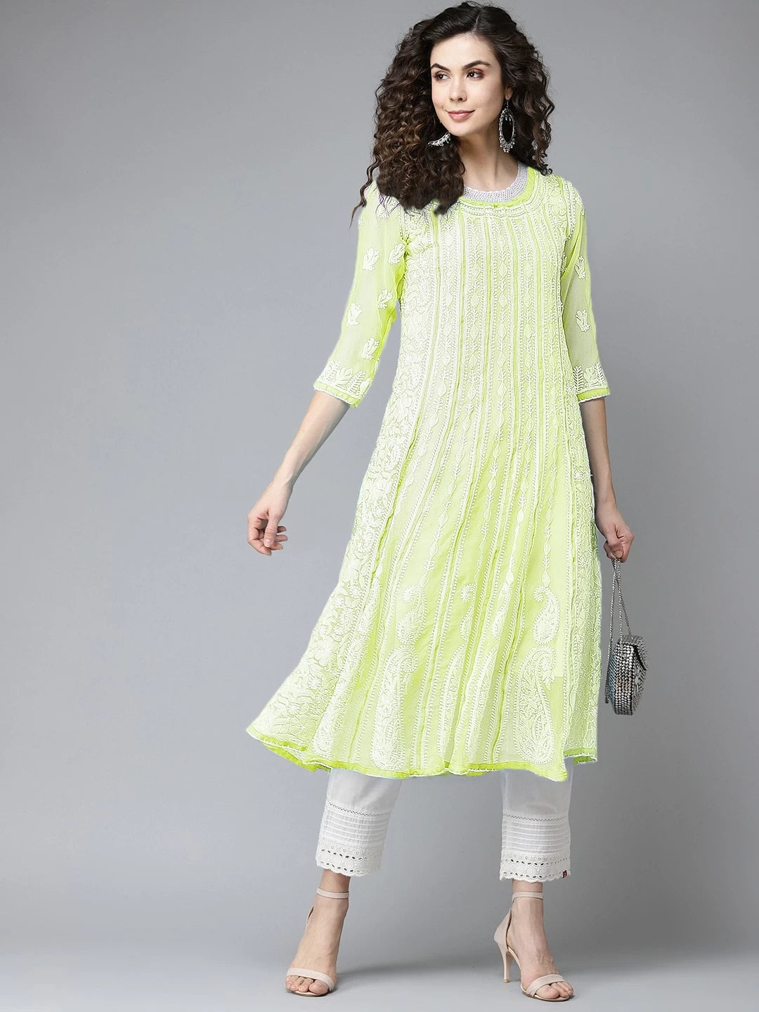 Ada Hand Embroidered Lime Green Georgette Lucknowi Chikankari Anarkali A-Line Kurta A411142