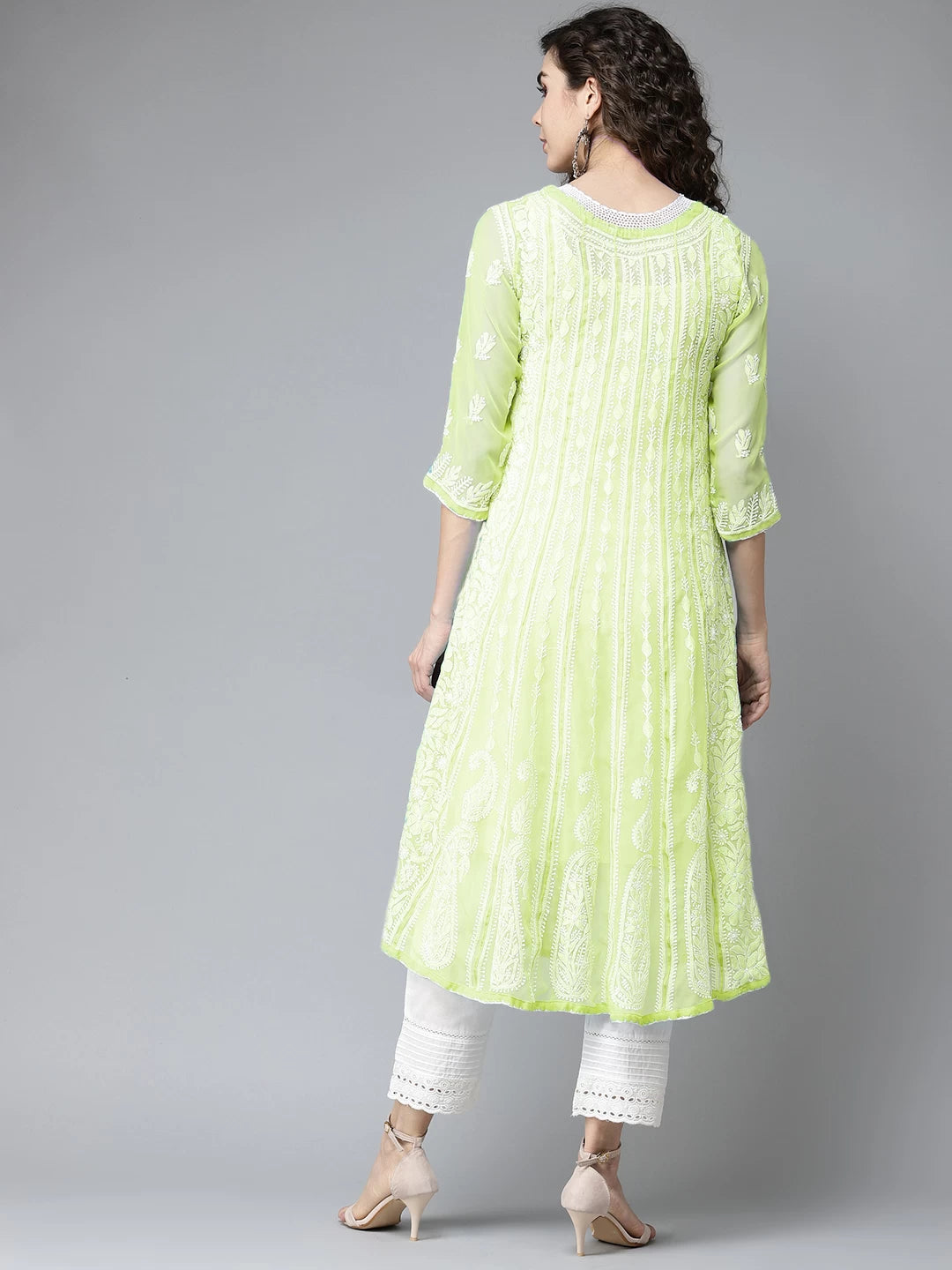 Ada Hand Embroidered Lime Green Georgette Lucknowi Chikankari Anarkali A-Line Kurta A411142