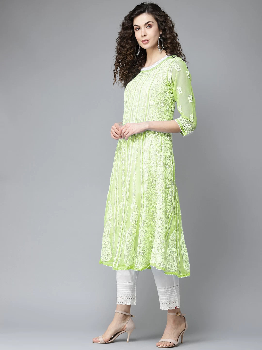 Ada Hand Embroidered Lime Green Georgette Lucknowi Chikankari Anarkali A-Line Kurta A411142