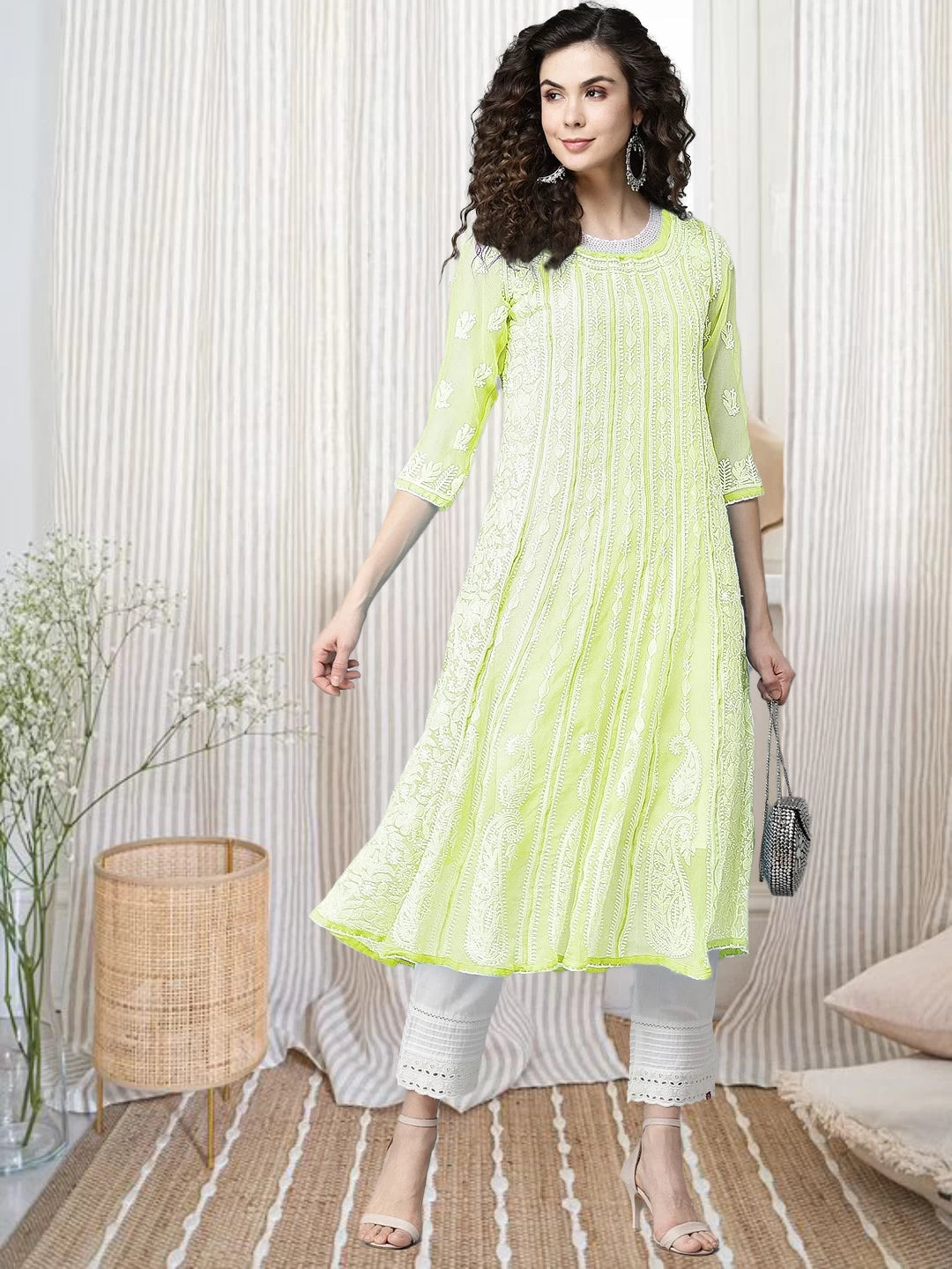 Ada Hand Embroidered Lime Green Georgette Lucknowi Chikankari Anarkali A-Line Kurta A411142