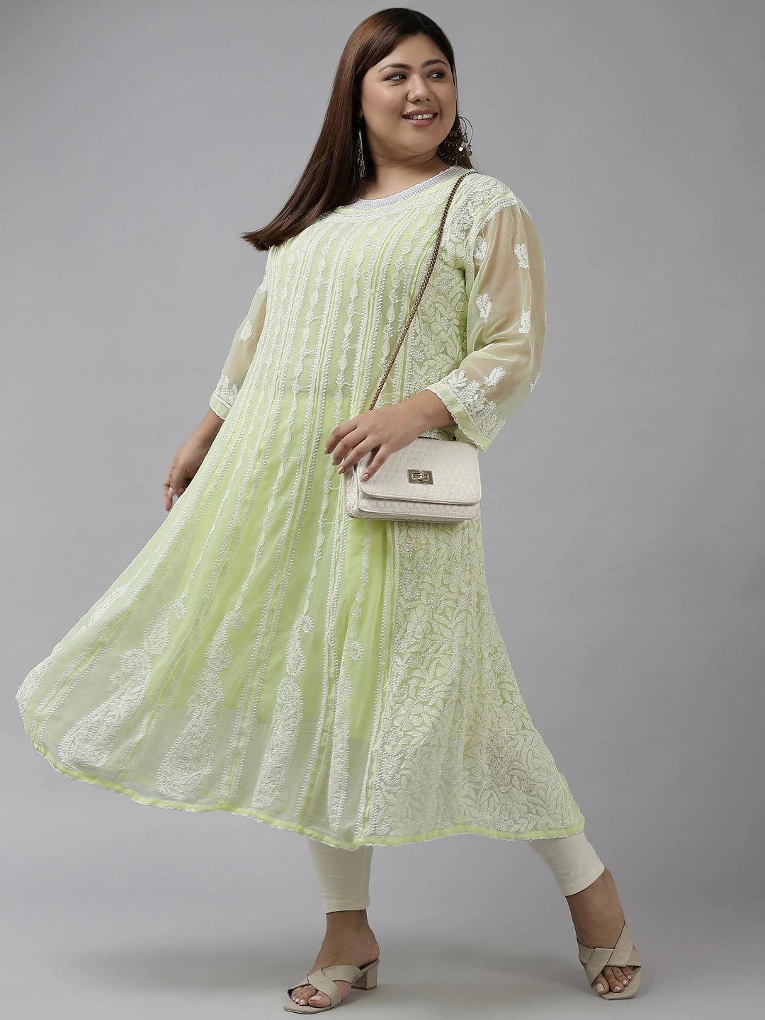 Ada Hand Embroidered Lime Green Georgette Lucknowi Chikankari Anarkali A-Line Kurta A411142