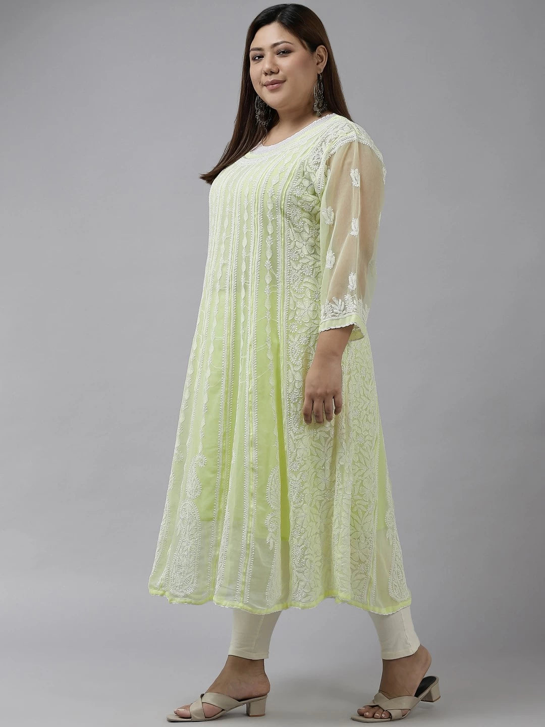 Ada Hand Embroidered Lime Green Georgette Lucknowi Chikankari Anarkali A-Line Kurta A411142