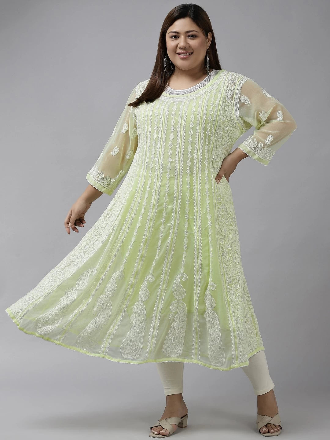 Ada Hand Embroidered Lime Green Georgette Lucknowi Chikankari Anarkali A-Line Kurta A411142