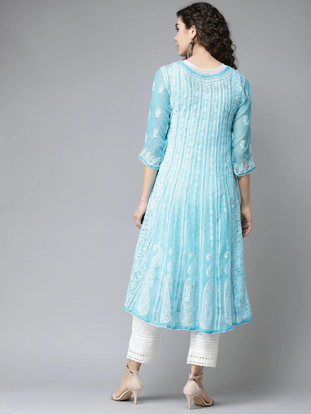Ada Hand Embroidered Blue Georgette Lucknowi Chikankari Anarkali A-line Kurta A411204