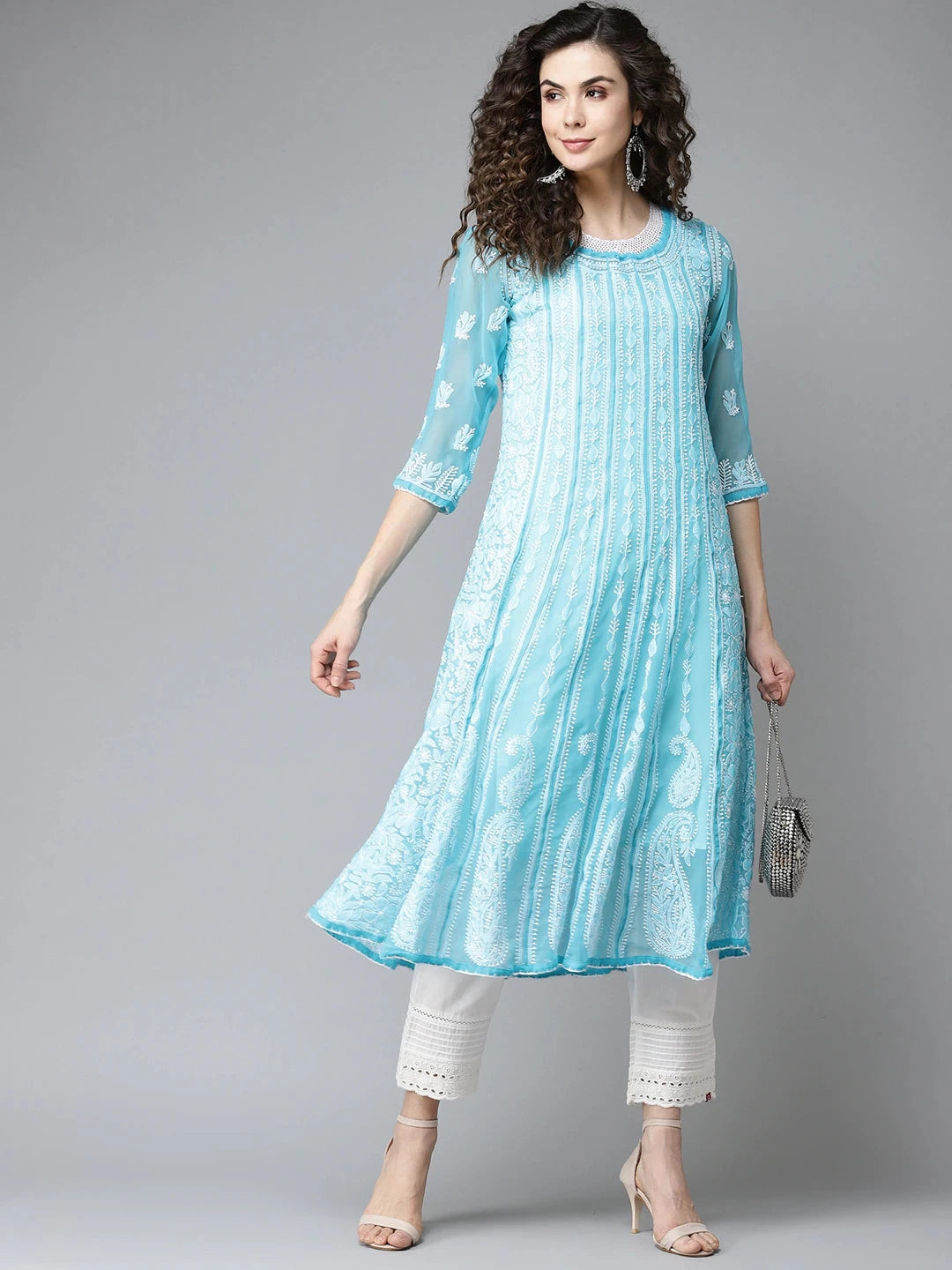 Ada Hand Embroidered Blue Georgette Lucknowi Chikankari Anarkali A-line Kurta A411204