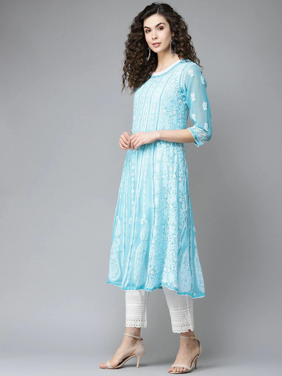 Ada Hand Embroidered Blue Georgette Lucknowi Chikankari Anarkali A-line Kurta A411204