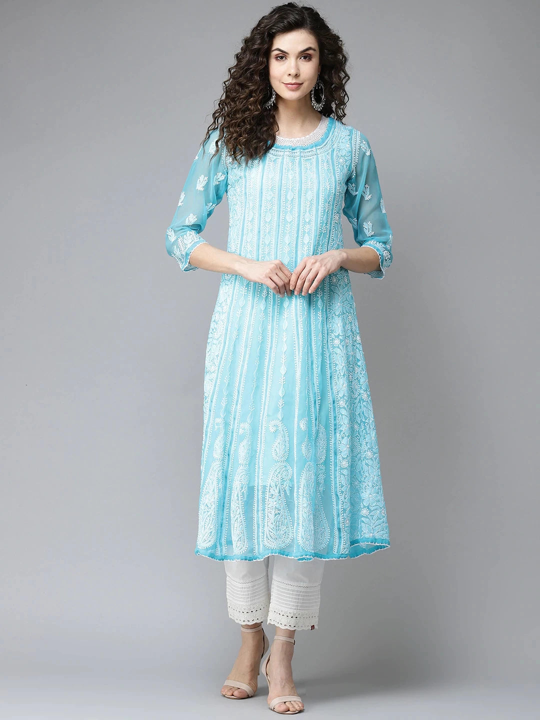 Ada Hand Embroidered Blue Georgette Lucknowi Chikankari Anarkali A-line Kurta A411204