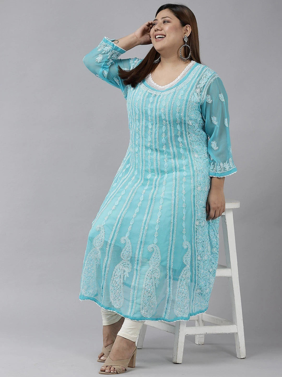 Ada Hand Embroidered Blue Georgette Lucknowi Chikankari Anarkali A-line Kurta A411204