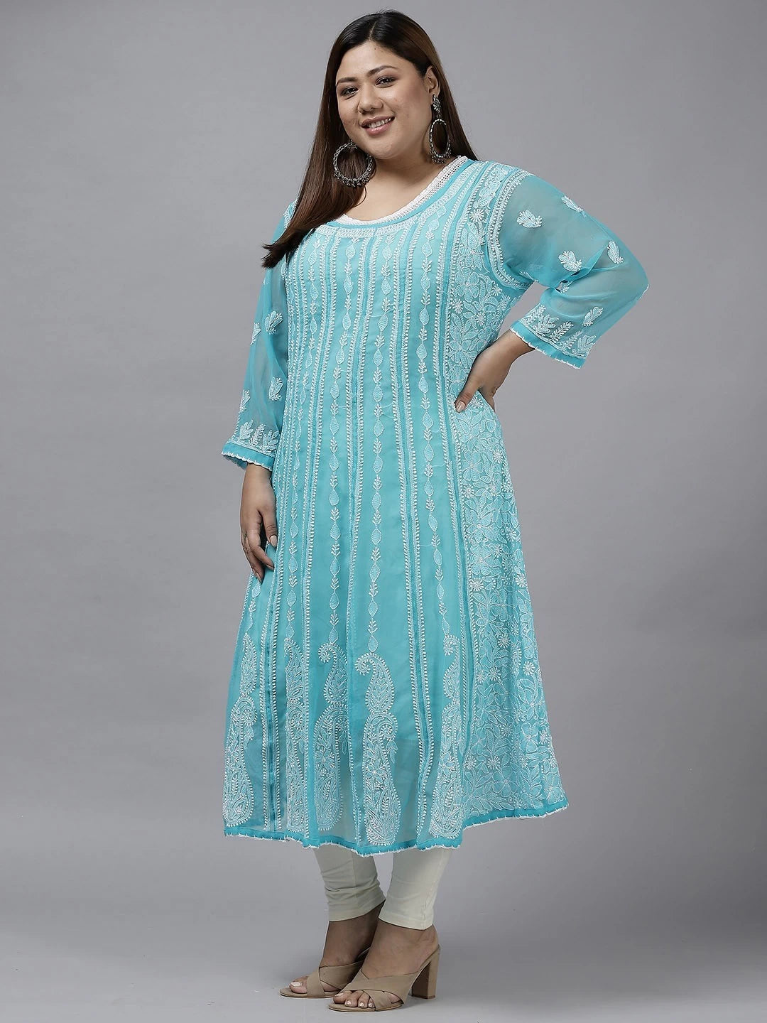 Ada Hand Embroidered Blue Georgette Lucknowi Chikankari Anarkali A-line Kurta A411204