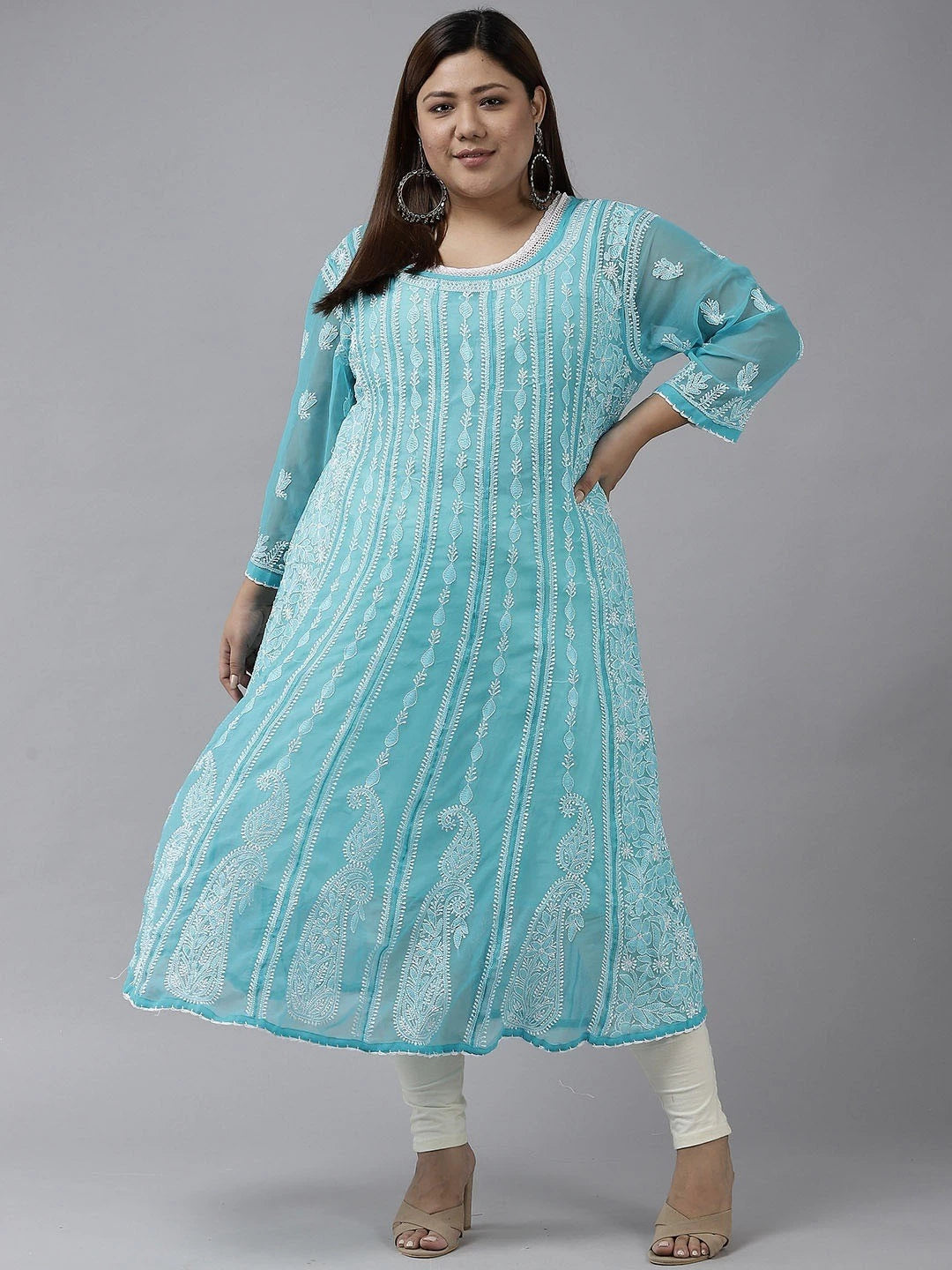 Ada Hand Embroidered Blue Georgette Lucknowi Chikankari Anarkali A-line Kurta A411204