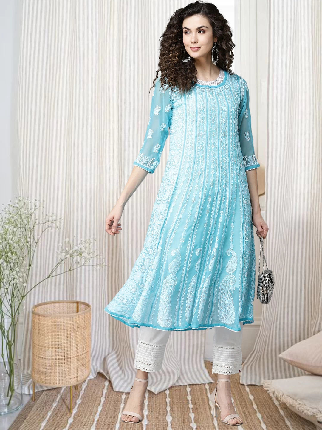 Ada Hand Embroidered Blue Georgette Lucknowi Chikankari Anarkali A-line Kurta A411204