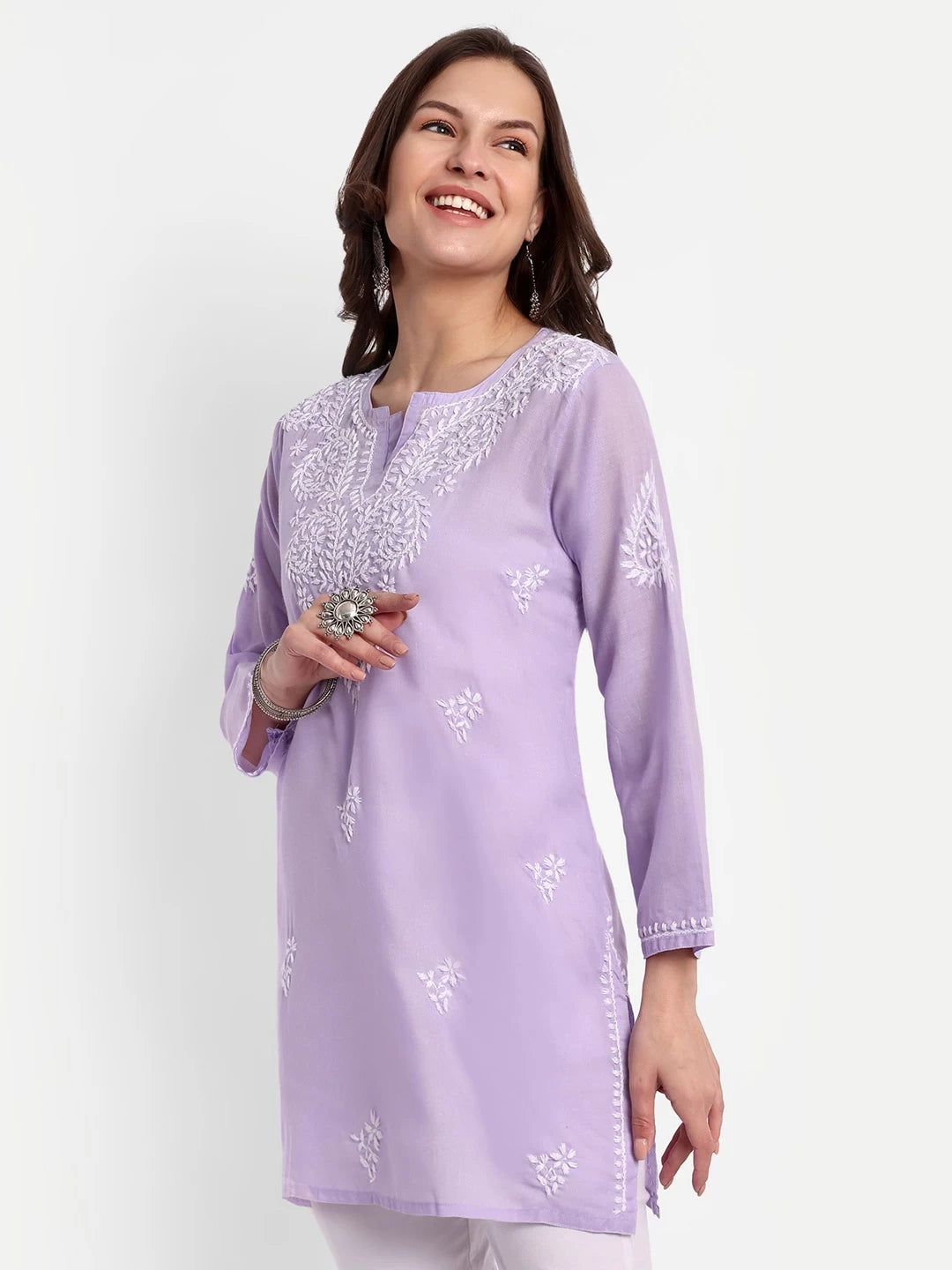 Ada Hand Embroidered Mauve Cotton Lucknowi Chikankari Straight Kurti A911350