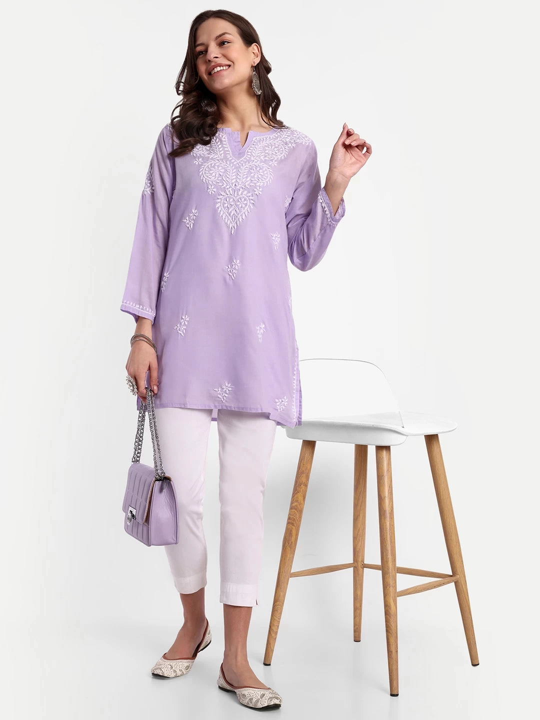 Ada Hand Embroidered Mauve Cotton Lucknowi Chikankari Straight Kurti A911350
