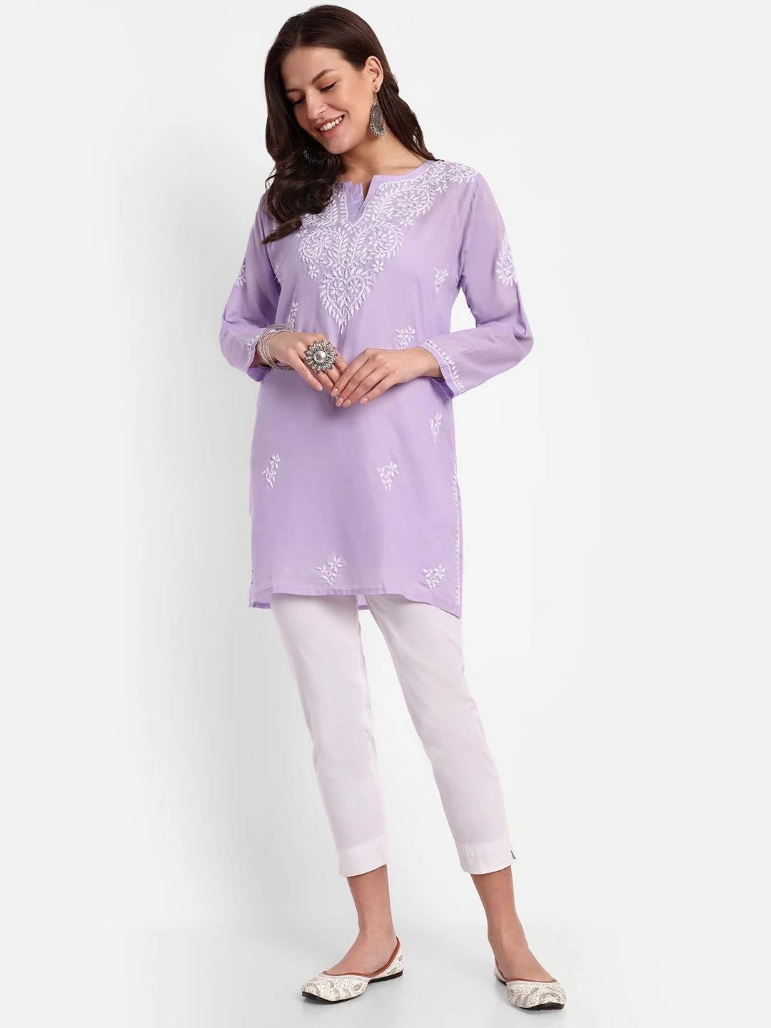 Ada Hand Embroidered Mauve Cotton Lucknowi Chikankari Straight Kurti A911350