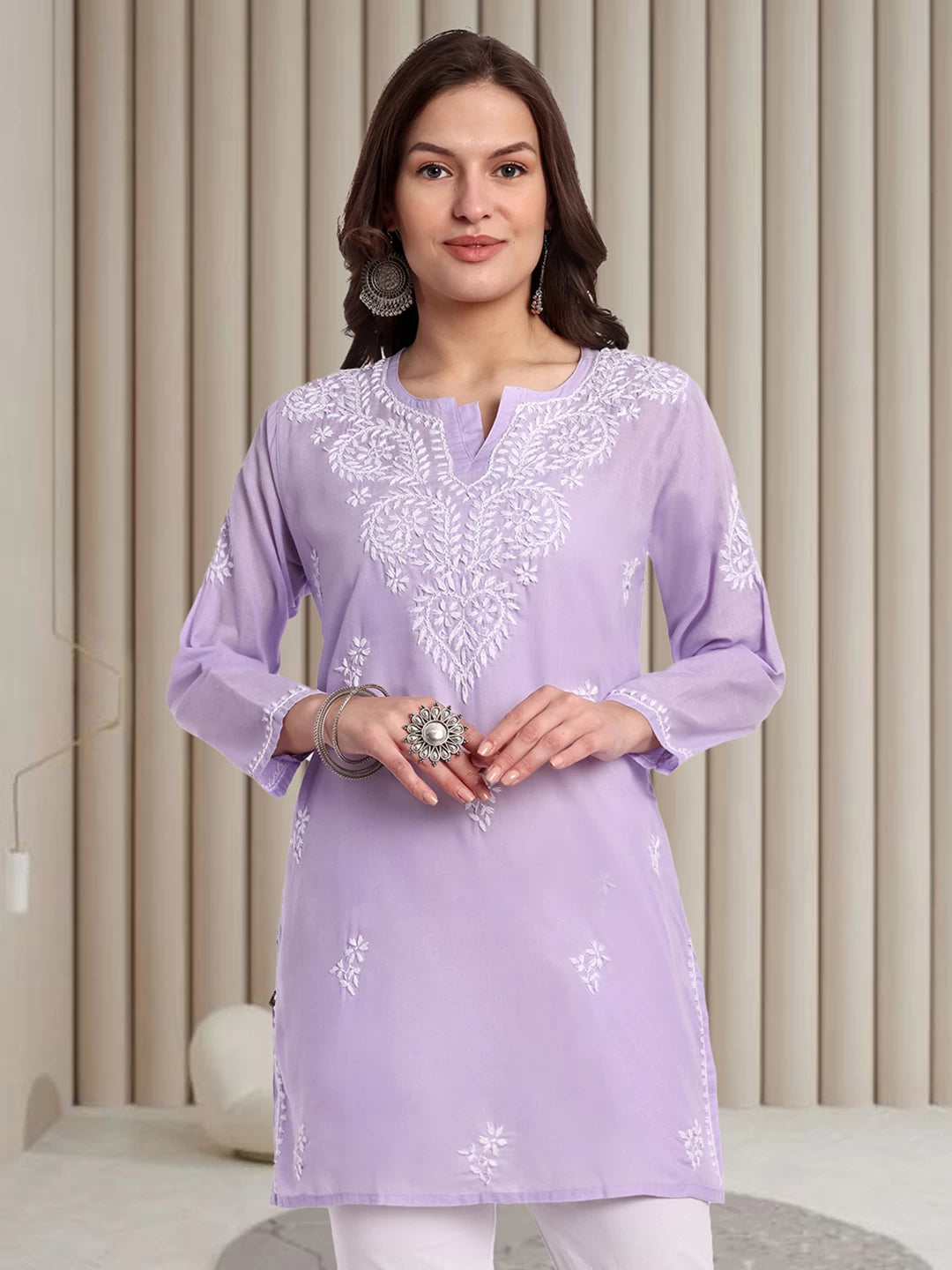 Ada Hand Embroidered Mauve Cotton Lucknowi Chikankari Straight Kurti A911350