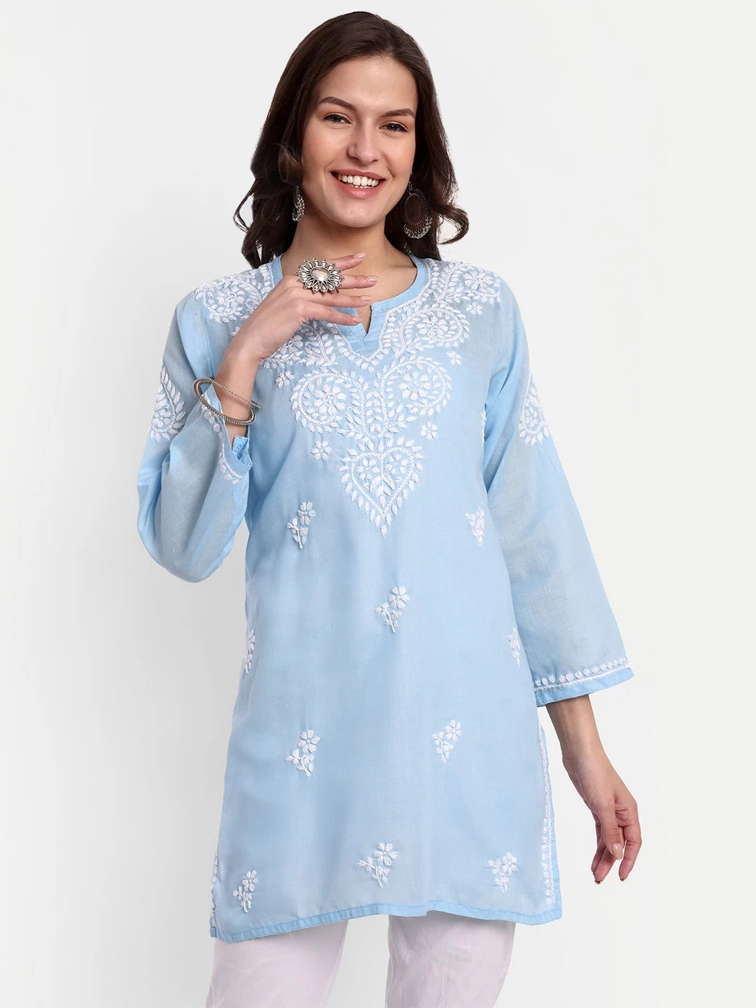 Ada Hand Embroidered Blue Cotton Lucknowi Chikankari Straight Kurti A911352