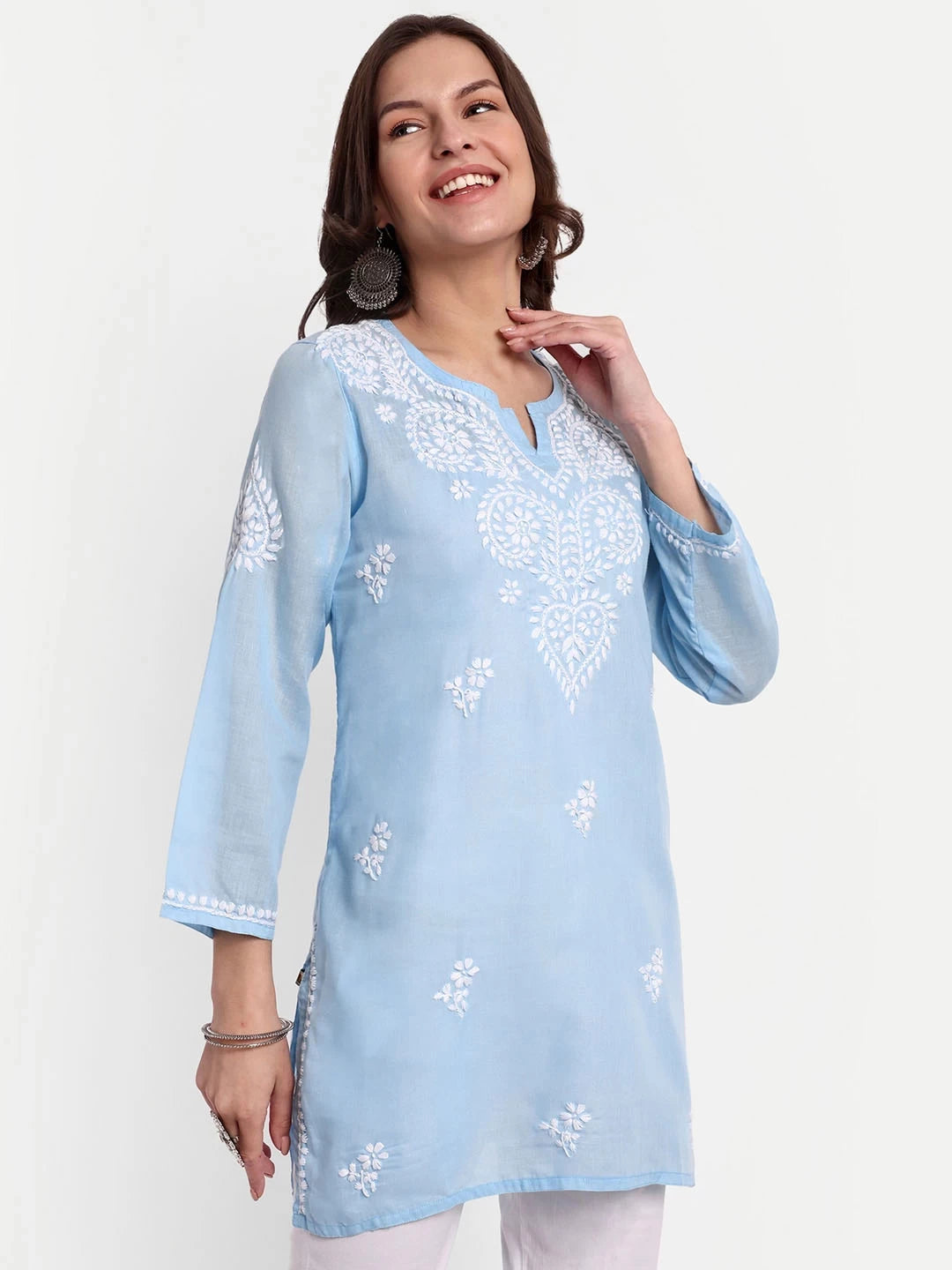 Ada Hand Embroidered Blue Cotton Lucknowi Chikankari Straight Kurti A911352