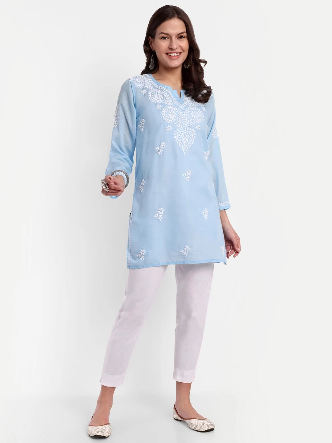 Ada Hand Embroidered Blue Cotton Lucknowi Chikankari Straight Kurti A911352