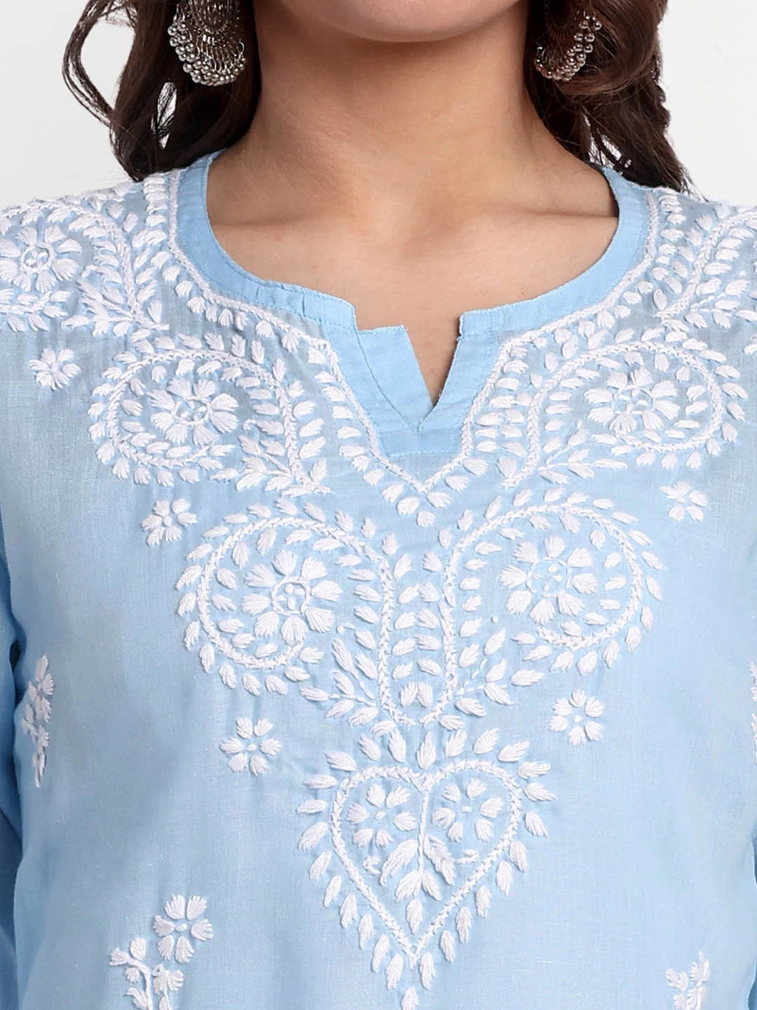 Ada Hand Embroidered Blue Cotton Lucknowi Chikankari Straight Kurti A911352
