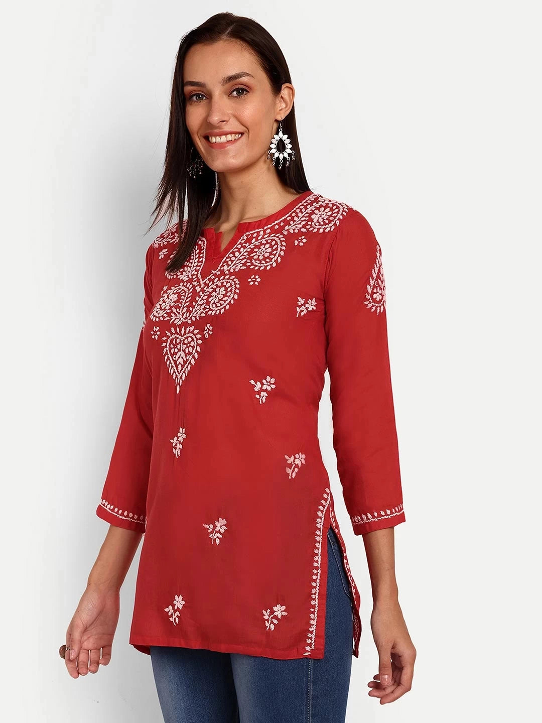 Ada Hand Embroidered Red Cotton Lucknowi Chikankari Kurti A911365