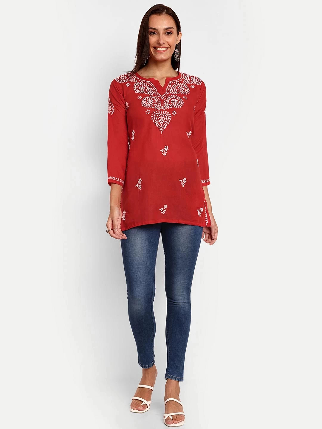 Ada Hand Embroidered Red Cotton Lucknowi Chikankari Kurti A911365