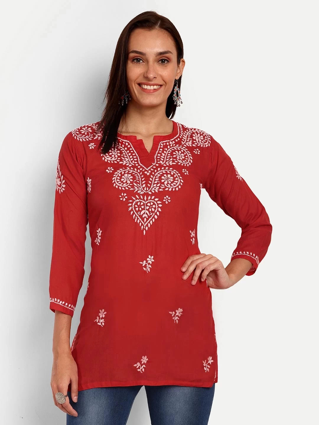 Ada Hand Embroidered Red Cotton Lucknowi Chikankari Kurti A911365