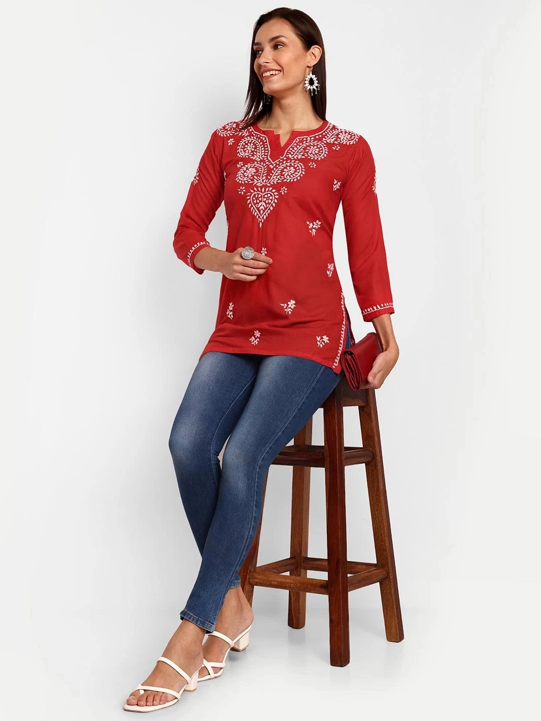 Ada Hand Embroidered Red Cotton Lucknowi Chikankari Kurti A911365