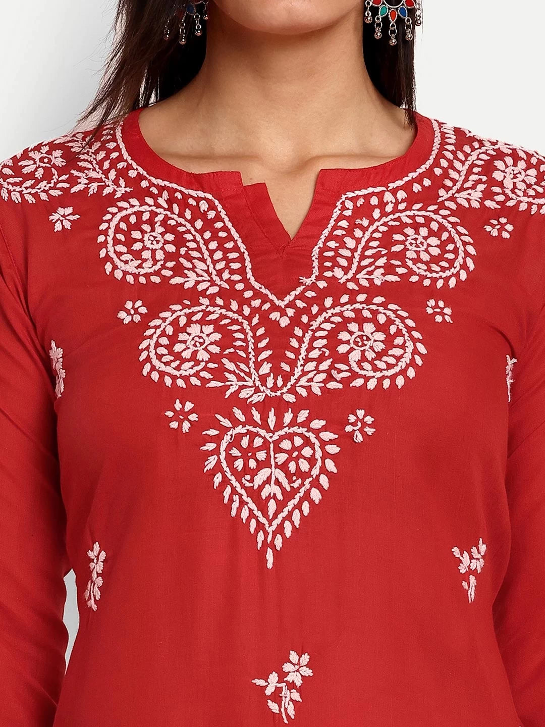 Ada Hand Embroidered Red Cotton Lucknowi Chikankari Kurti A911365