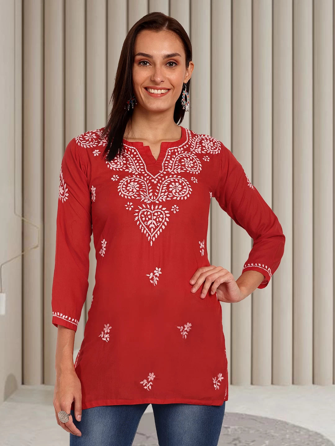 Ada Hand Embroidered Red Cotton Lucknowi Chikankari Kurti A911365
