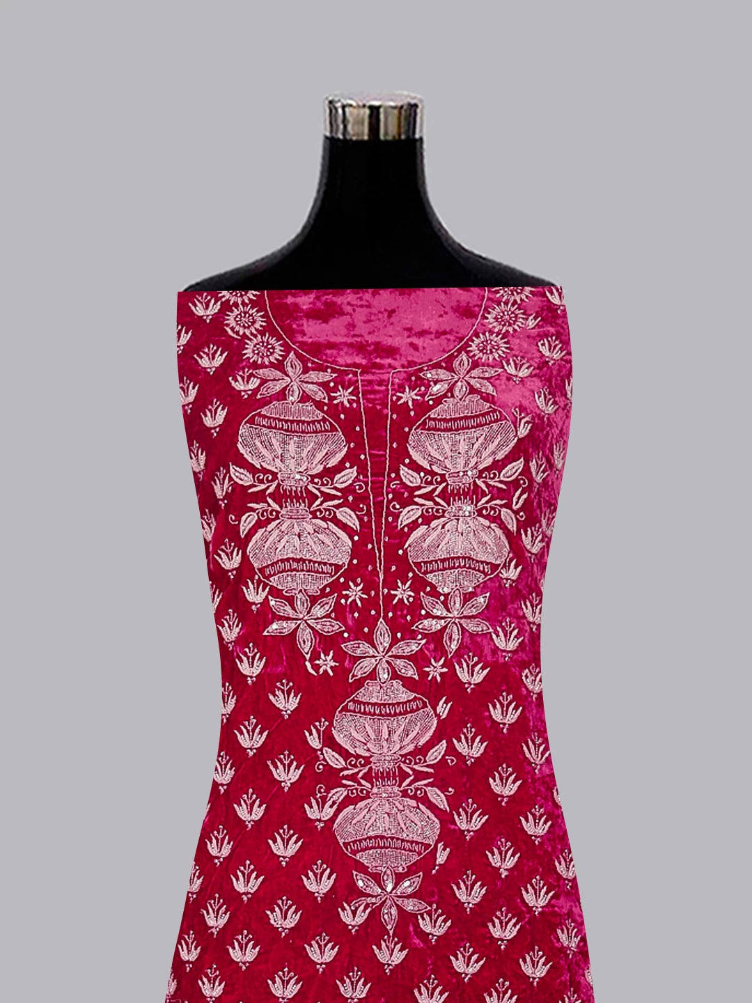 Ada Hand Embroidered Sangria Pink Velvet Lucknowi Chikankari Unstitched Kurta Dupatta Set With Cutdana Work 01A340030