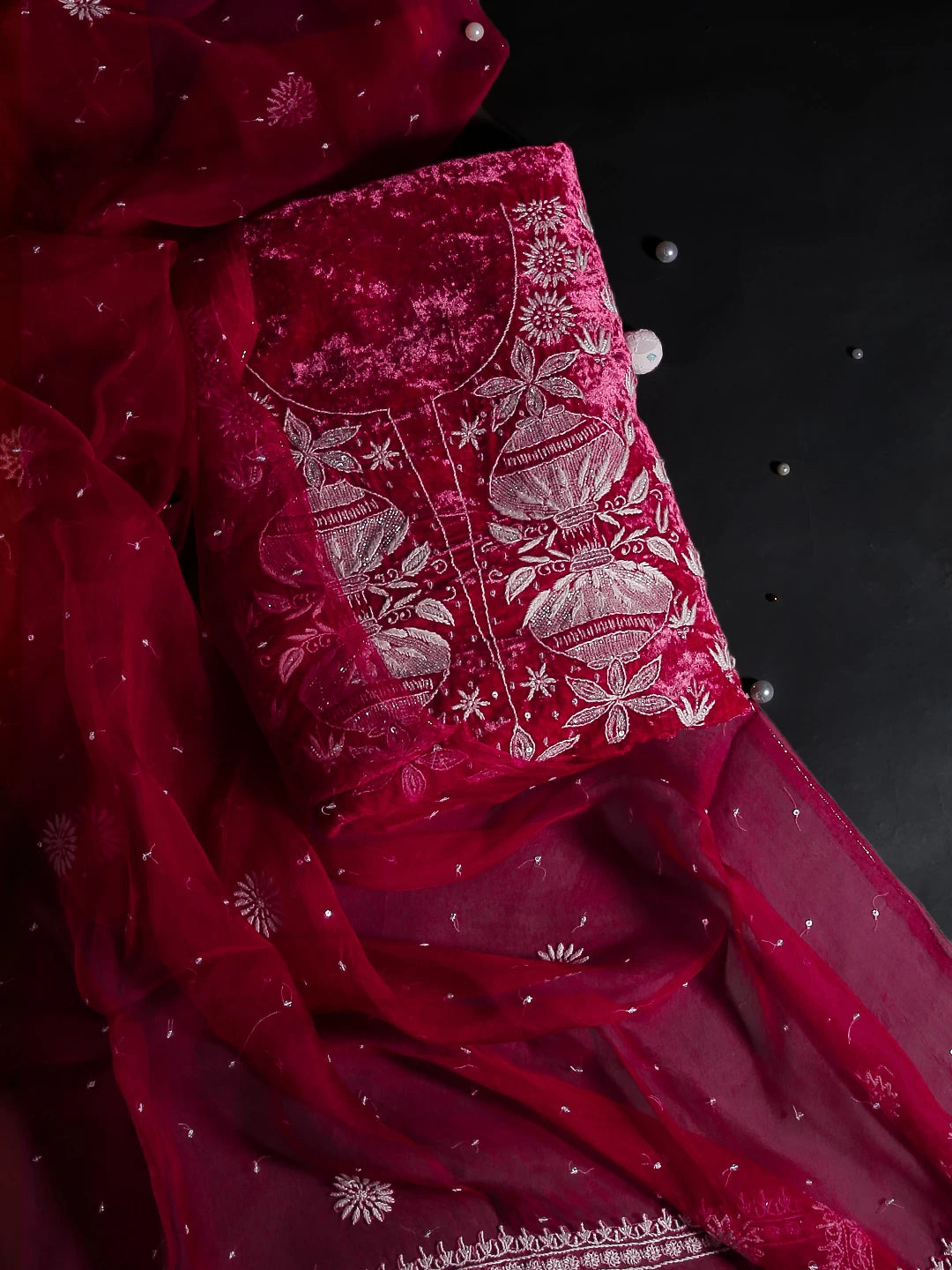 Ada Hand Embroidered Sangria Pink Velvet Lucknowi Chikankari Unstitched Kurta Dupatta Set With Cutdana Work 01A340030