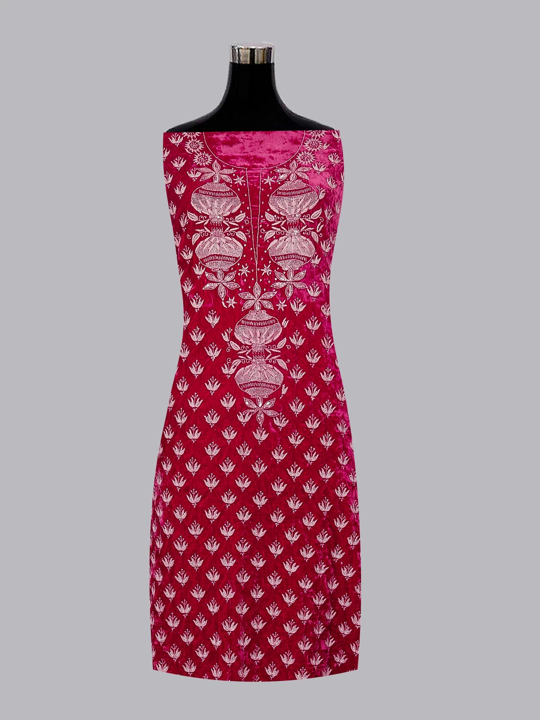 Ada Hand Embroidered Sangria Pink Velvet Lucknowi Chikankari Unstitched Kurta Dupatta Set With Cutdana Work 01A340030