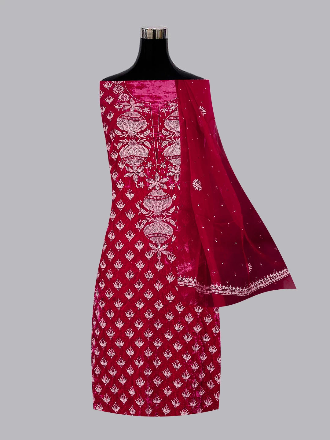 Ada Hand Embroidered Sangria Pink Velvet Lucknowi Chikankari Unstitched Kurta Dupatta Set With Cutdana Work 01A340030