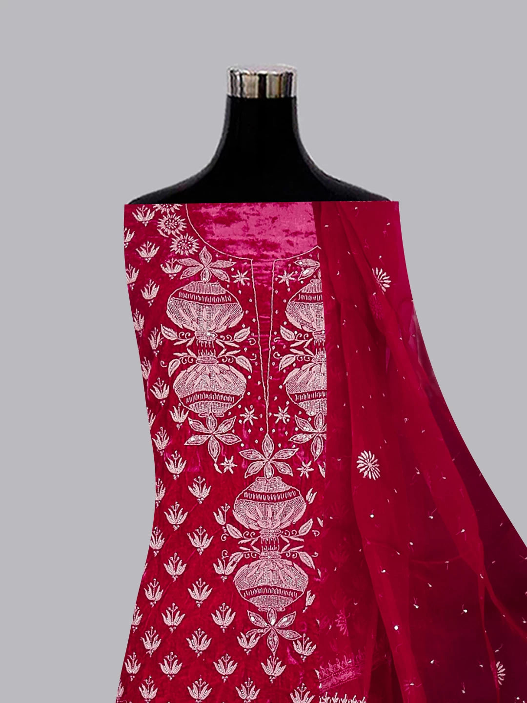 Ada Hand Embroidered Sangria Pink Velvet Lucknowi Chikankari Unstitched Kurta Dupatta Set With Cutdana Work 01A340030