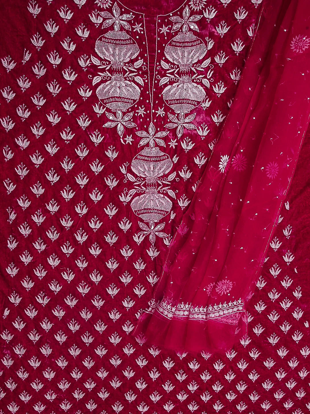 Ada Hand Embroidered Sangria Pink Velvet Lucknowi Chikankari Unstitched Kurta Dupatta Set With Cutdana Work 01A340030