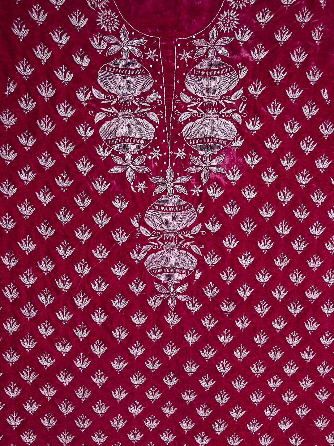Ada Hand Embroidered Sangria Pink Velvet Lucknowi Chikankari Unstitched Kurta Dupatta Set With Cutdana Work 01A340030