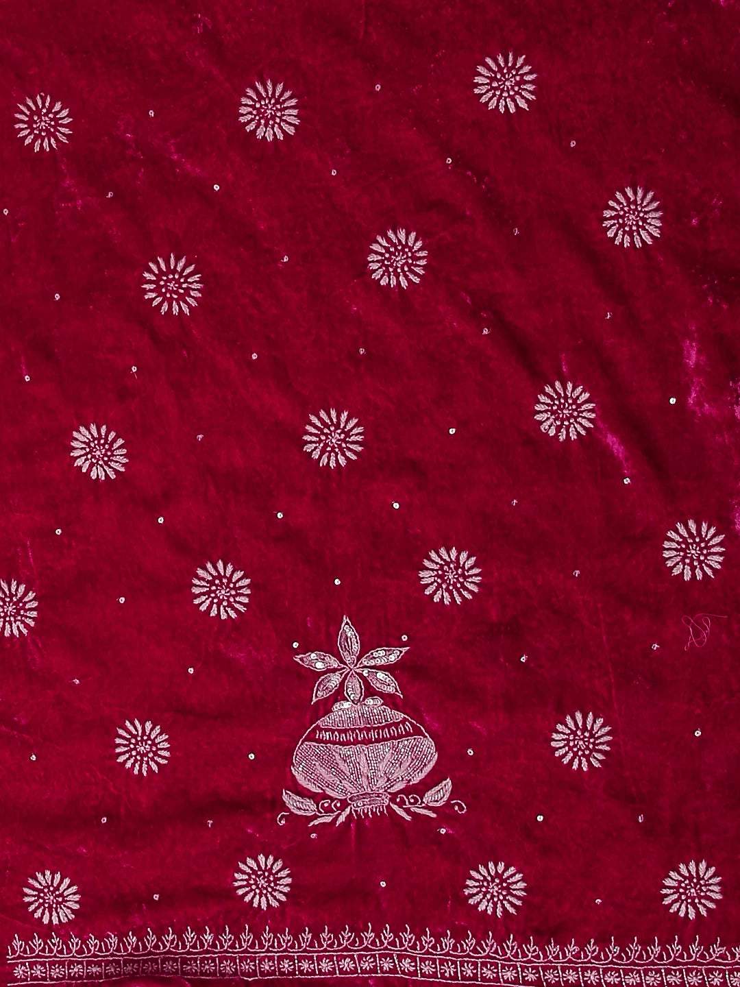 Ada Hand Embroidered Sangria Pink Velvet Lucknowi Chikankari Unstitched Kurta Dupatta Set With Cutdana Work 01A340030