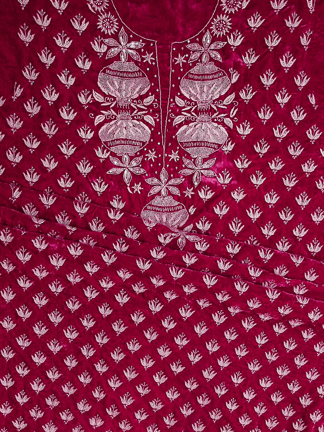 Ada Hand Embroidered Sangria Pink Velvet Lucknowi Chikankari Unstitched Kurta Dupatta Set With Cutdana Work 01A340030