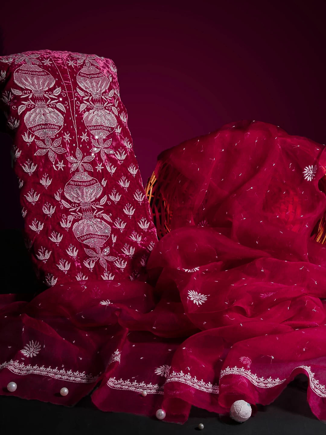 Ada Hand Embroidered Sangria Pink Velvet Lucknowi Chikankari Unstitched Kurta Dupatta Set With Cutdana Work 01A340030