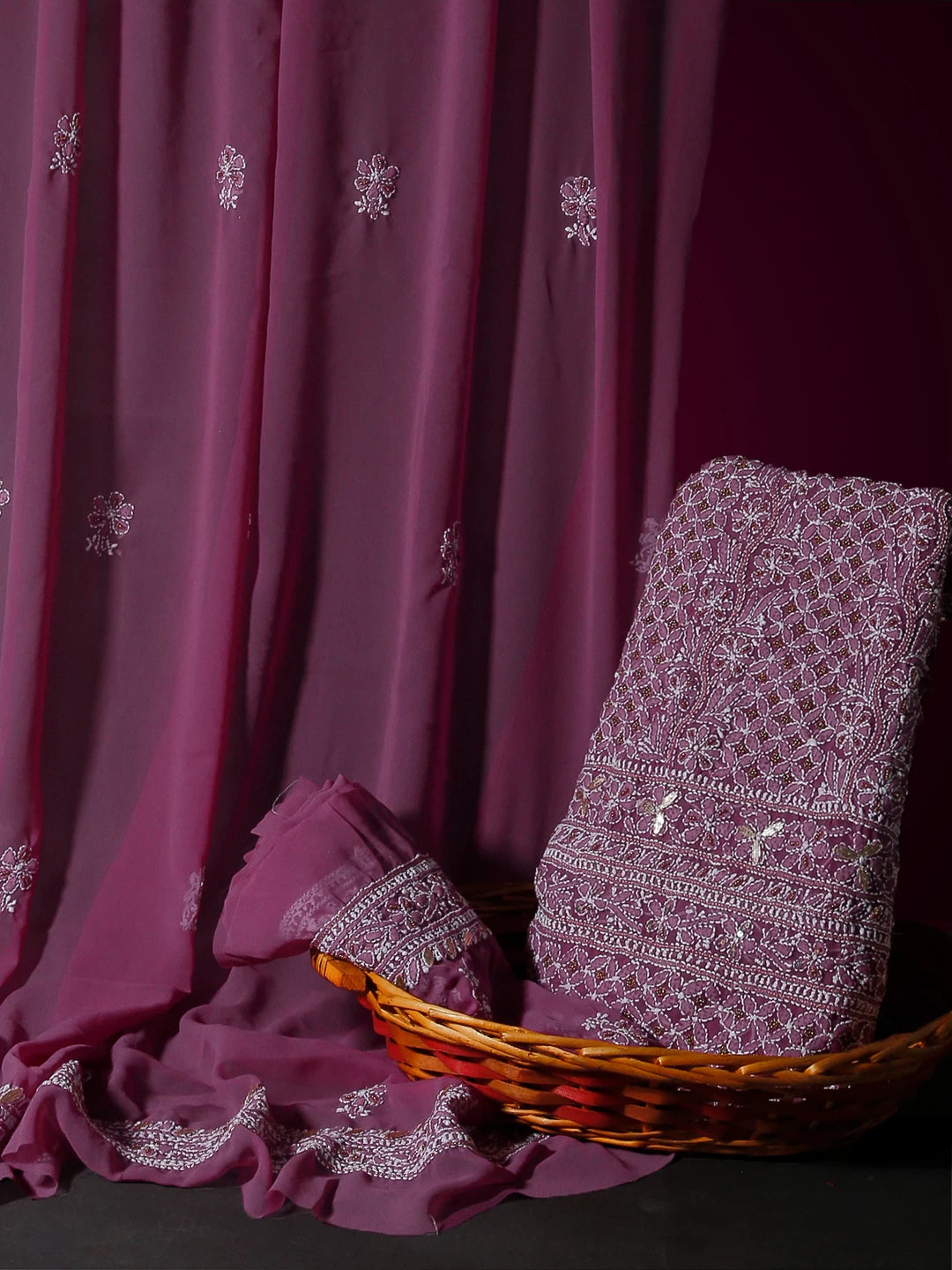 Ada Hand Embroidered Dusty Pink Georgette Lucknowi Chikankari Unstitched Suit Piece With Gotapatti 01A391197