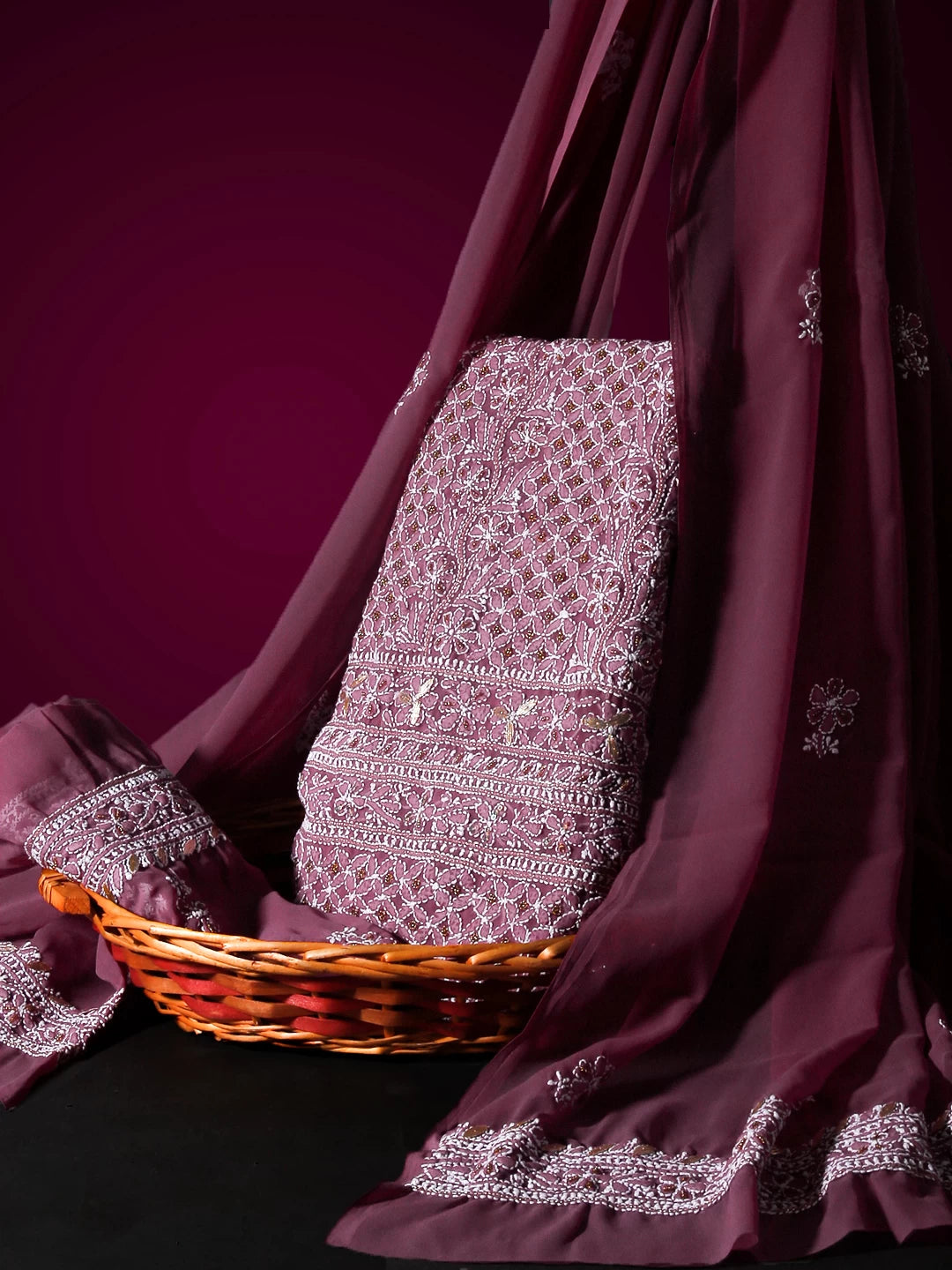 Ada Hand Embroidered Dusty Pink Georgette Lucknowi Chikankari Unstitched Suit Piece With Gotapatti 01A391197