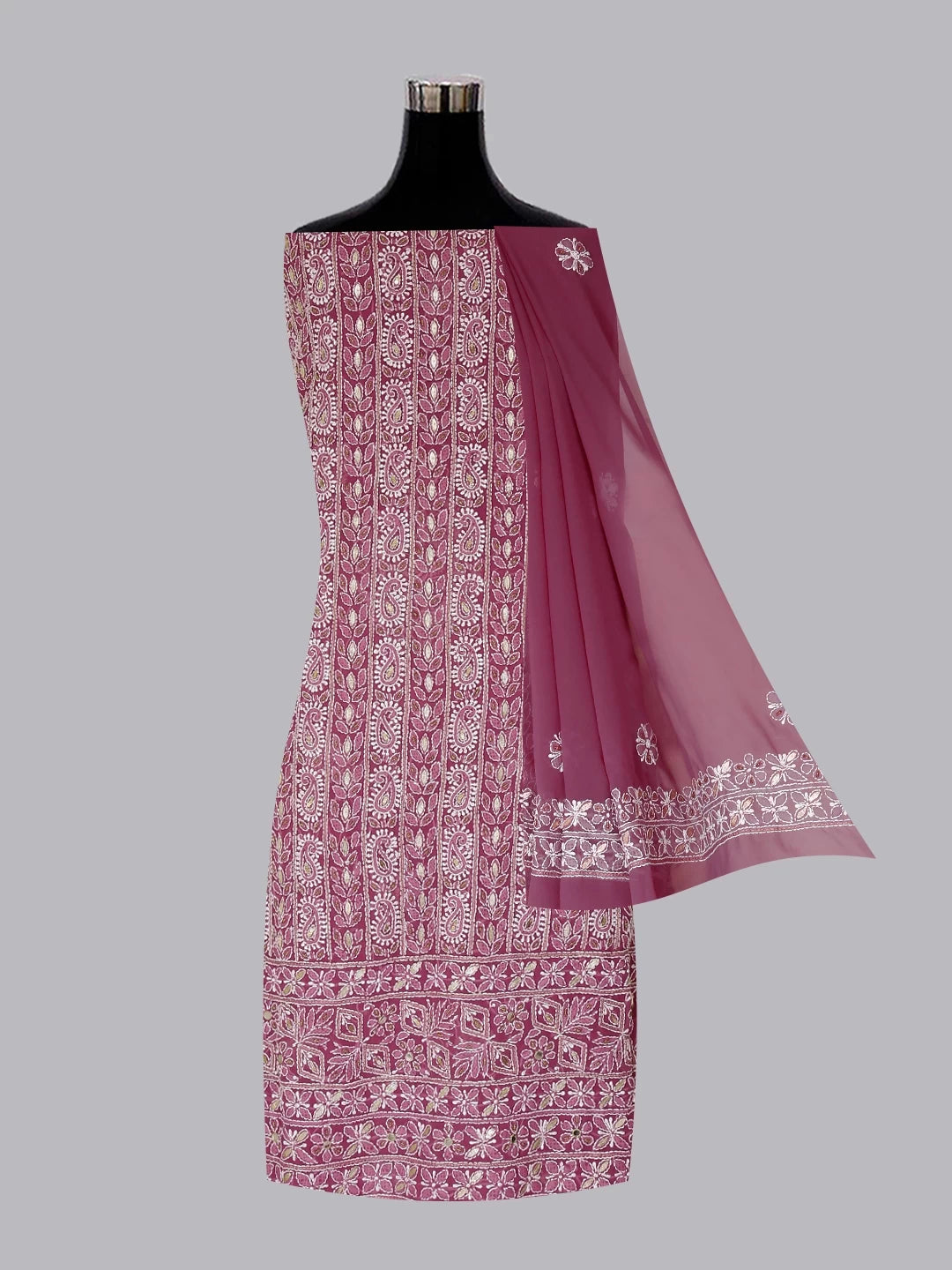 Ada Hand Embroidered Dusty Pink Georgette Lucknowi Chikankari Unstitched Suit Piece With Gotapatti 01A391197