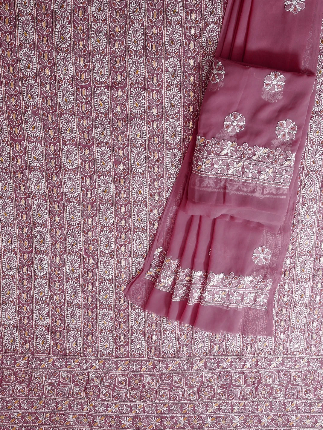 Ada Hand Embroidered Dusty Pink Georgette Lucknowi Chikankari Unstitched Suit Piece With Gotapatti 01A391197