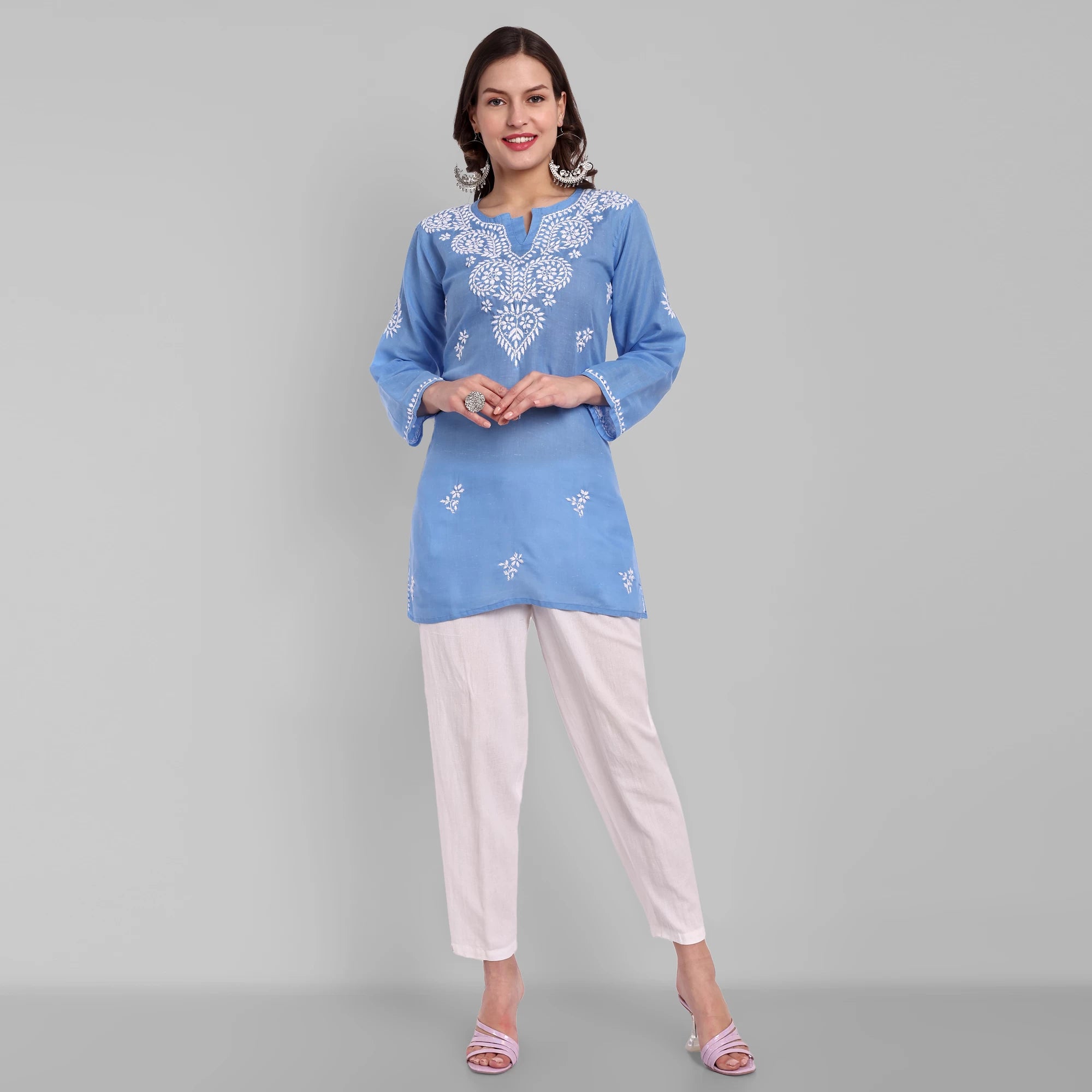 Ada Hand Embroidered Pantone Blue Cotton Lucknowi Chikankari Straight Kurti A911346