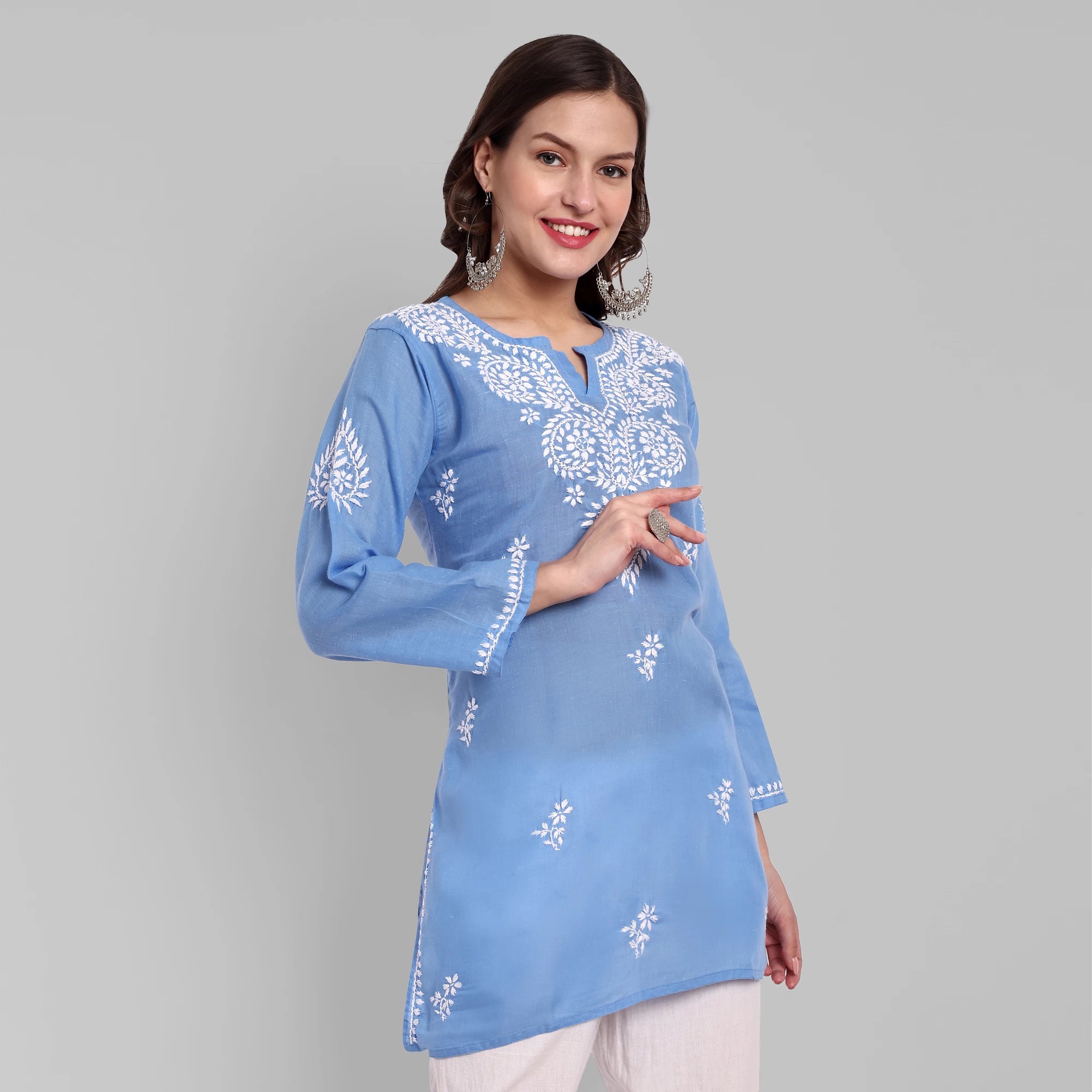 Ada Hand Embroidered Pantone Blue Cotton Lucknowi Chikankari Straight Kurti A911346