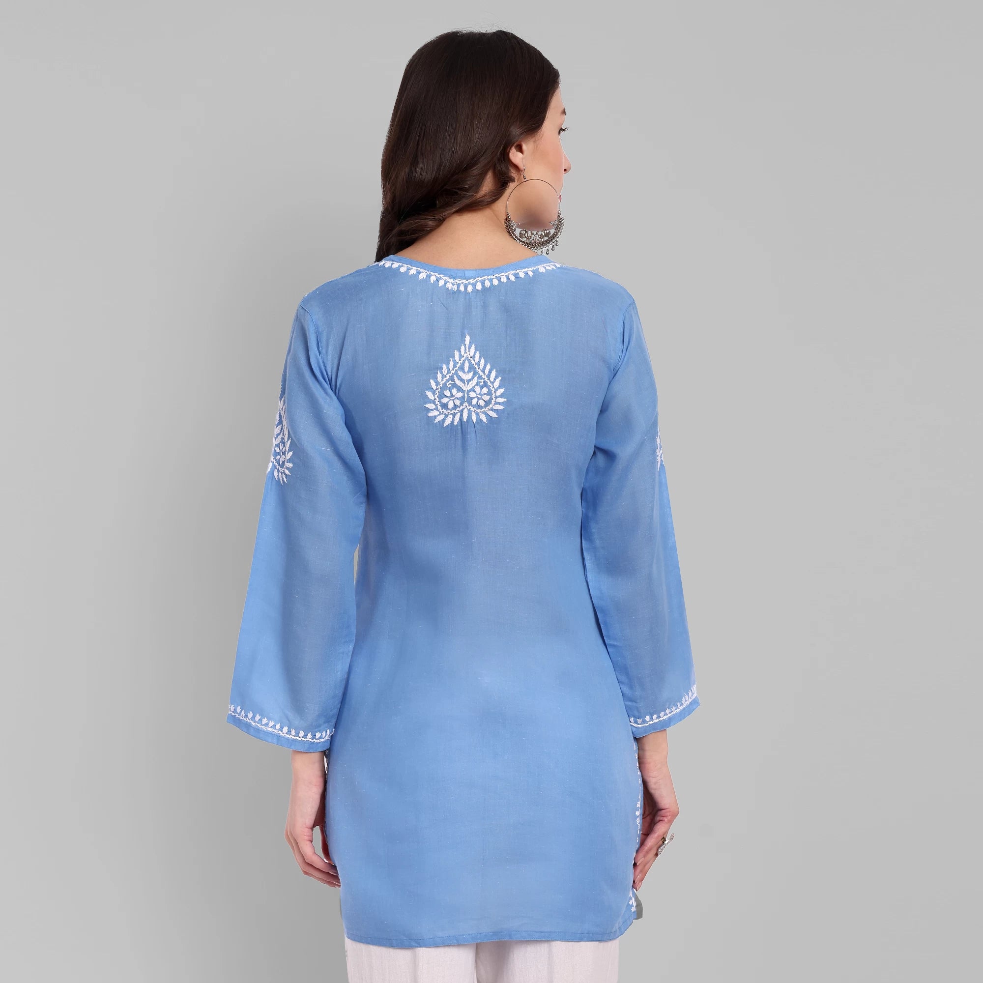 Ada Hand Embroidered Pantone Blue Cotton Lucknowi Chikankari Straight Kurti A911346