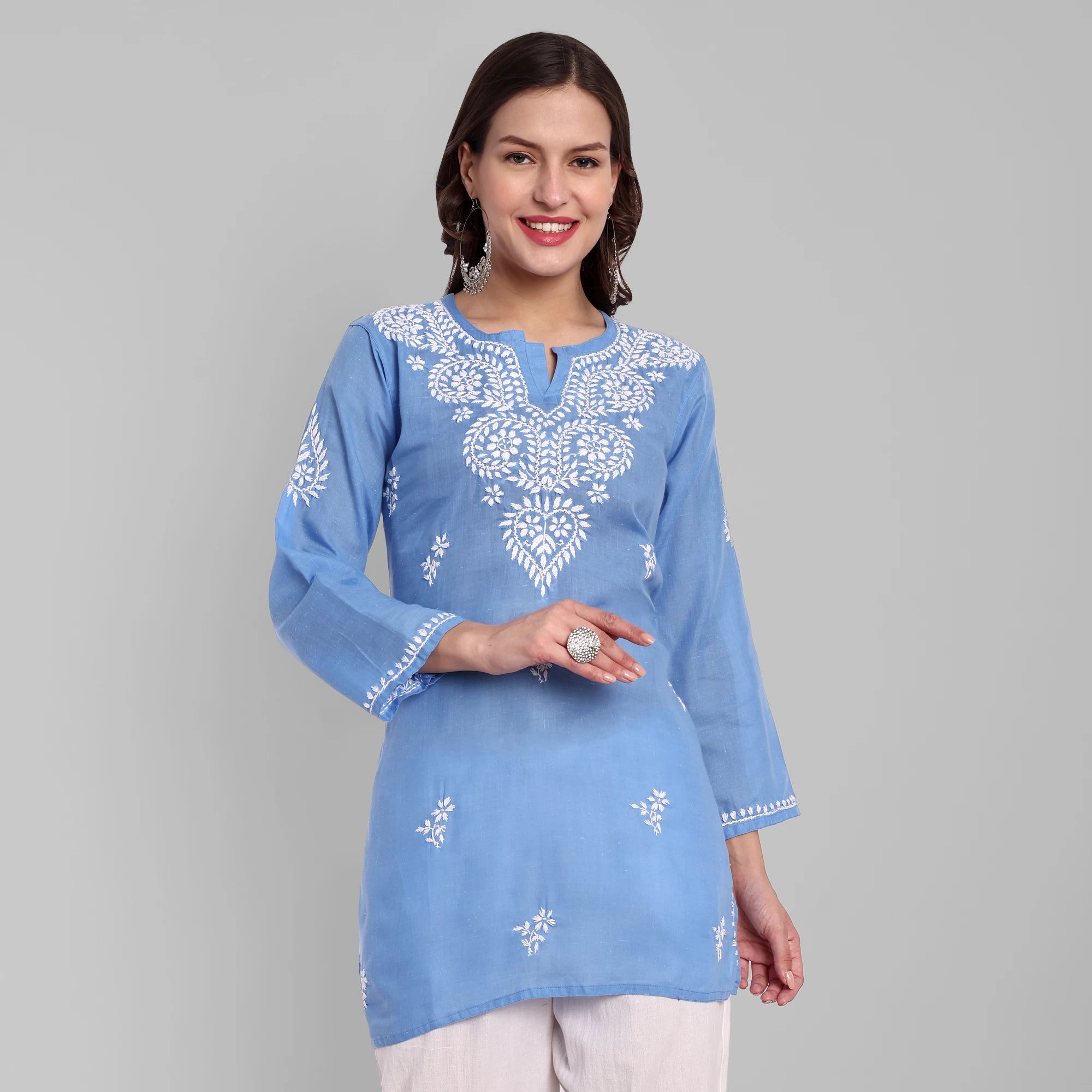 Ada Hand Embroidered Pantone Blue Cotton Lucknowi Chikankari Straight Kurti A911346