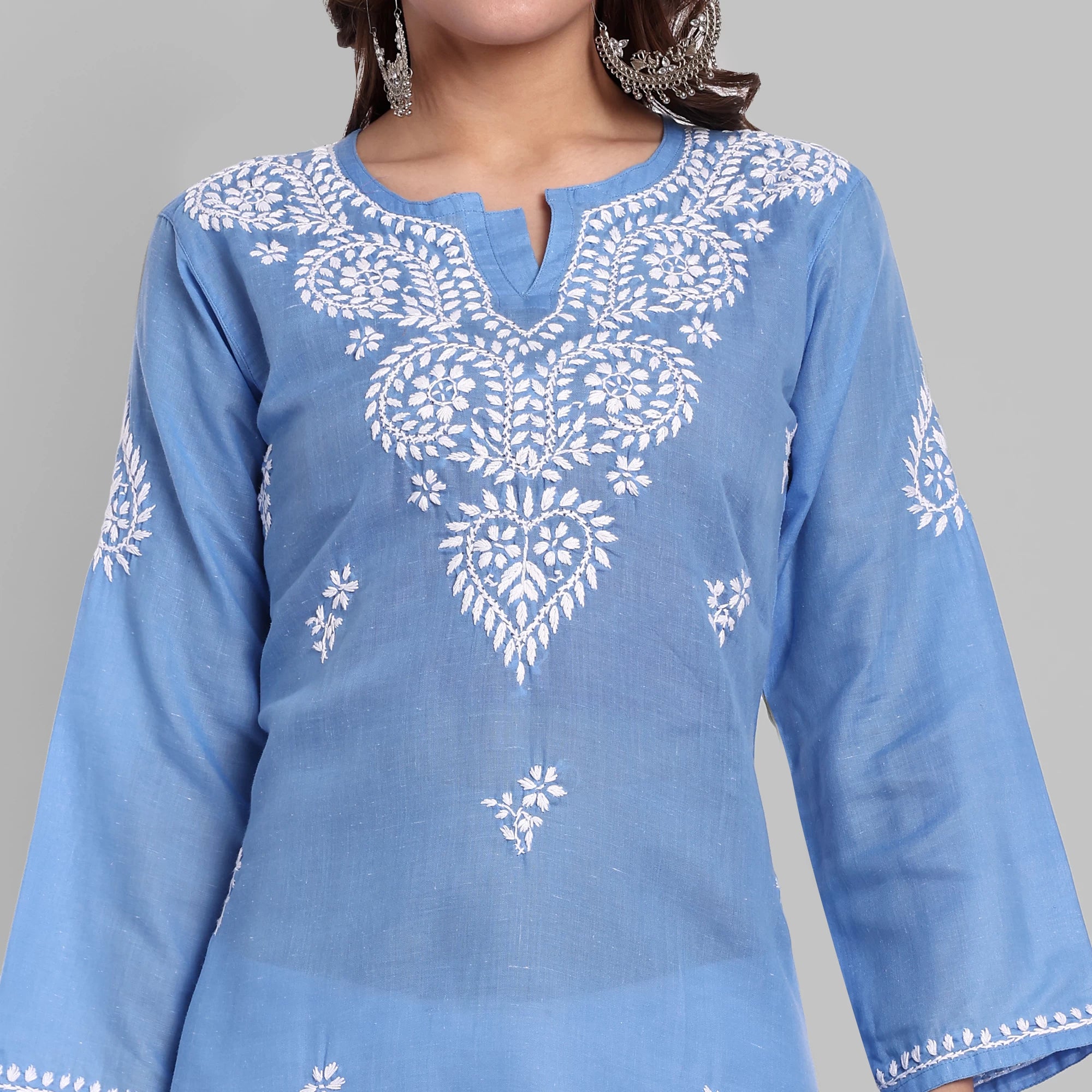 Ada Hand Embroidered Pantone Blue Cotton Lucknowi Chikankari Straight Kurti A911346